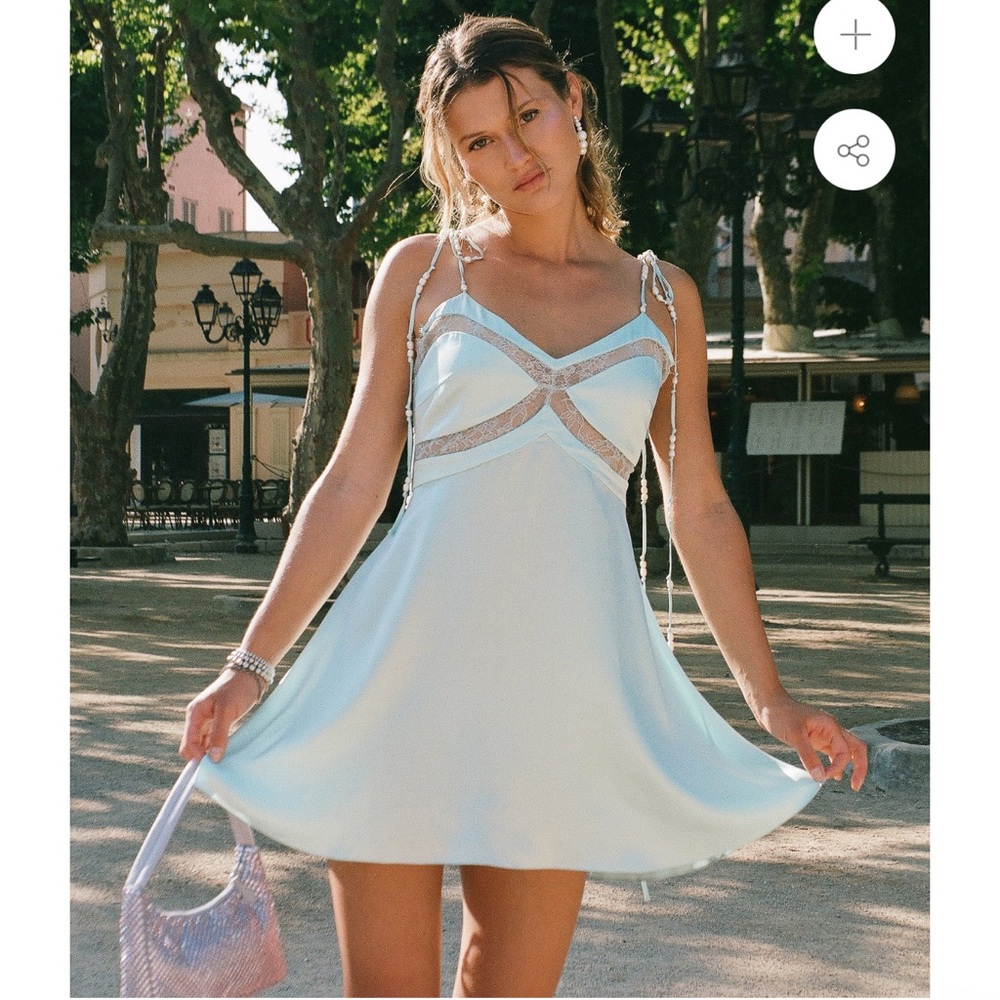 Dannijo NWT small Blue Mist Mini Dress w/ Lace Panel & Beaded Tie Straps